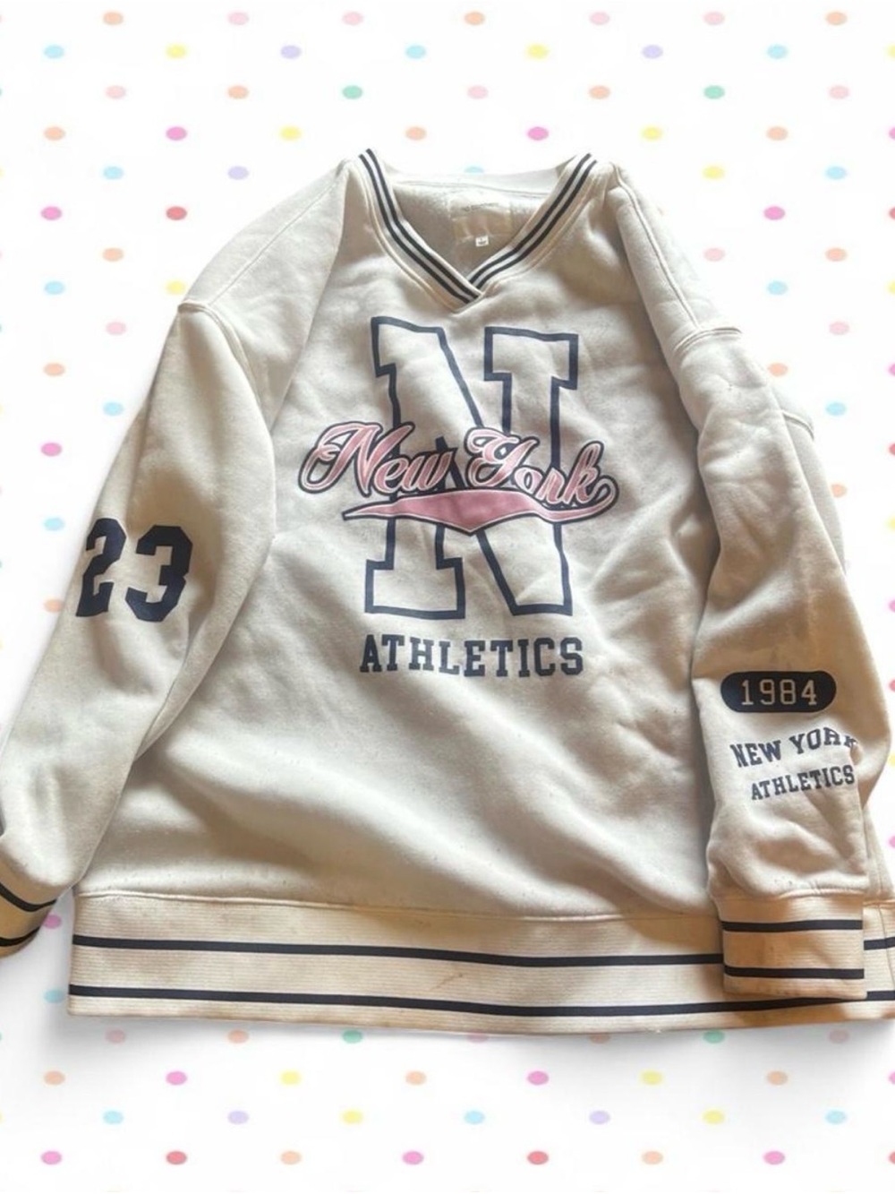 New York Athletics V-Neck Sweatshirt in Cream with Navy & Pink Accents